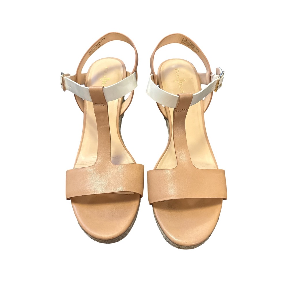 Cole Haan Wedge Sandals‎ Womens 9.5B Tan White Leather Espadrille D39869